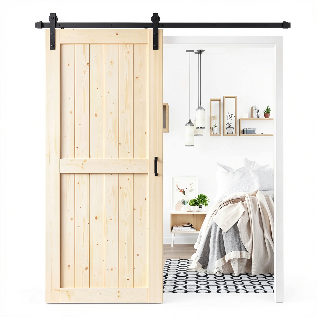 Installing ROYMELO Wood Barn Door Rustic Style Solid Spruce 36x80 on a wooden desk